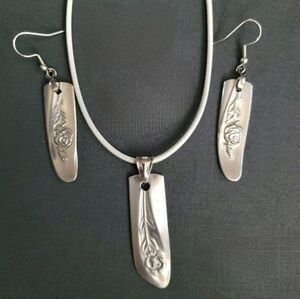 2 PIECE SET Vintage 1960s MY ROSE Hand-Crafted Spoon Necklace Earrings Stainless